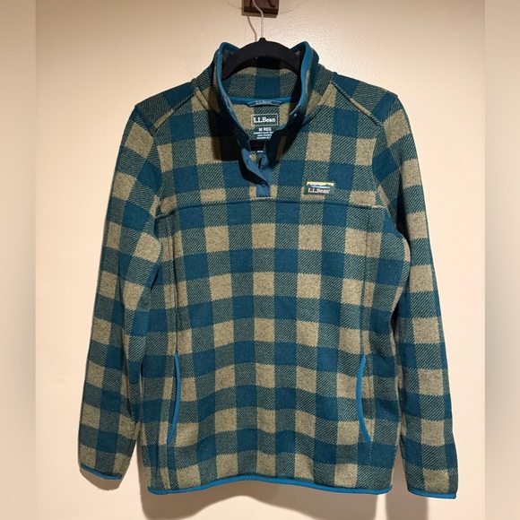 L.L.Bean green tan Buffalo Check Sweater Fleece Pullover Snap Collar - Picture 3 of 6